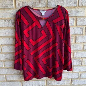 Liz Claiborne V-Neck 3/4 Sleeves Burgundy Tunic Blouse Women's Size L